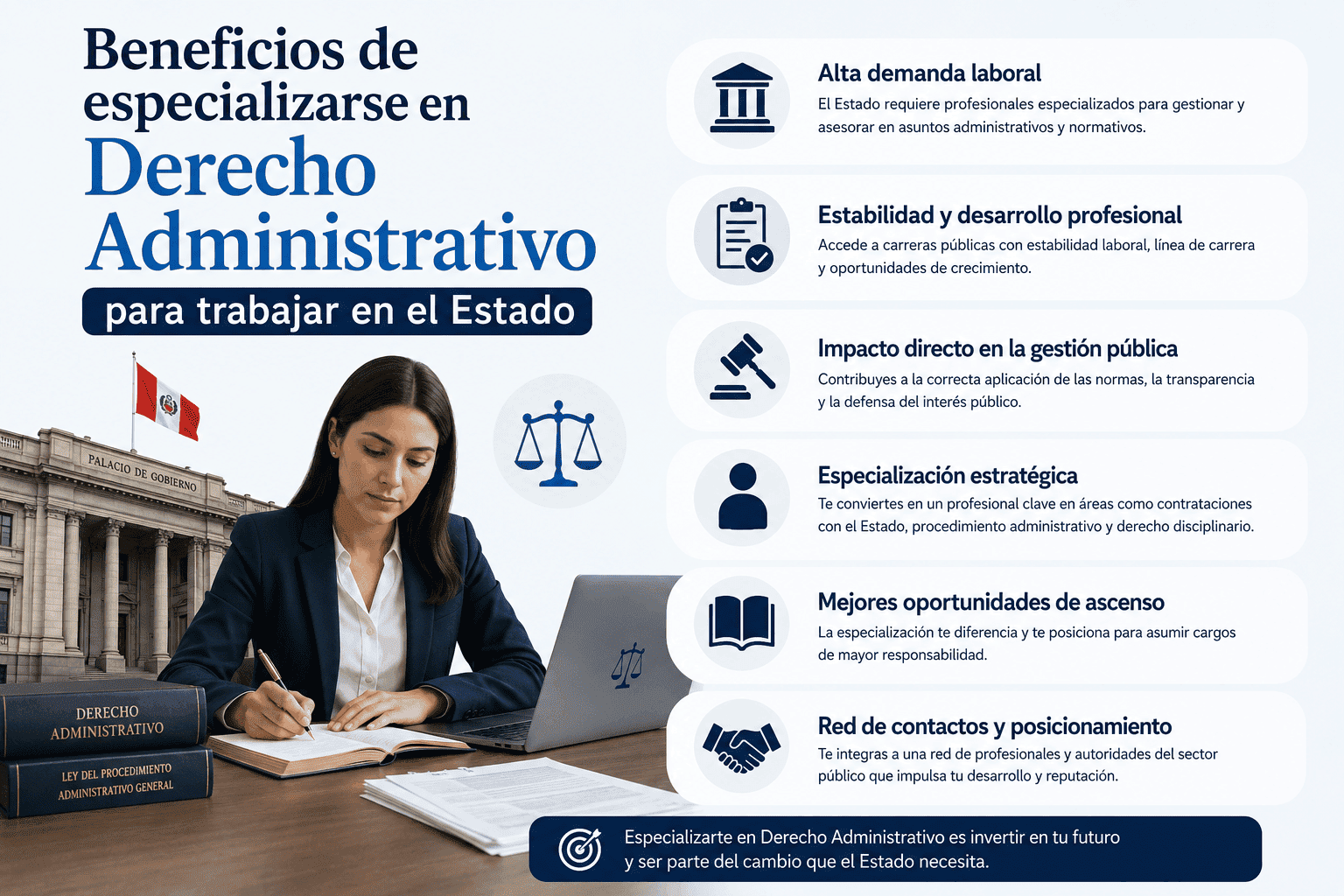 Abogado revisando normativa administrativa en edificio gubernamental peruano con archivos legales al fondo