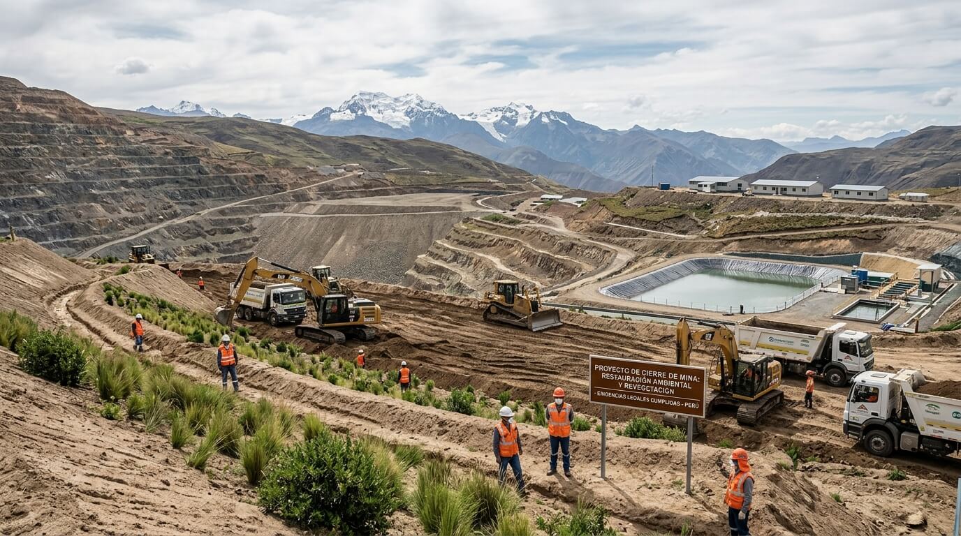 Ingeniero supervisando labores de revegetación y estabilización de taludes en zona de cierre minero