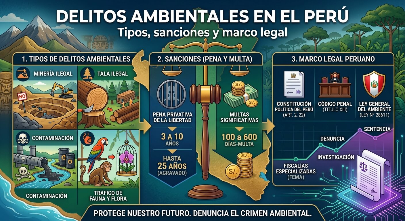 Martillo de juez sobre documentos legales ambientales representando la justicia penal ambiental en Perú