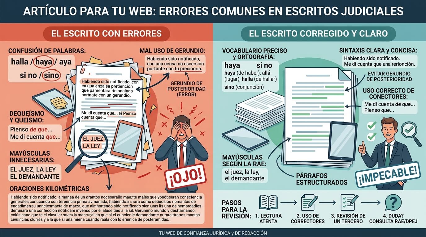 Detalle de corrección de texto en documento legal con bolígrafo rojo sobre escritorio judicial