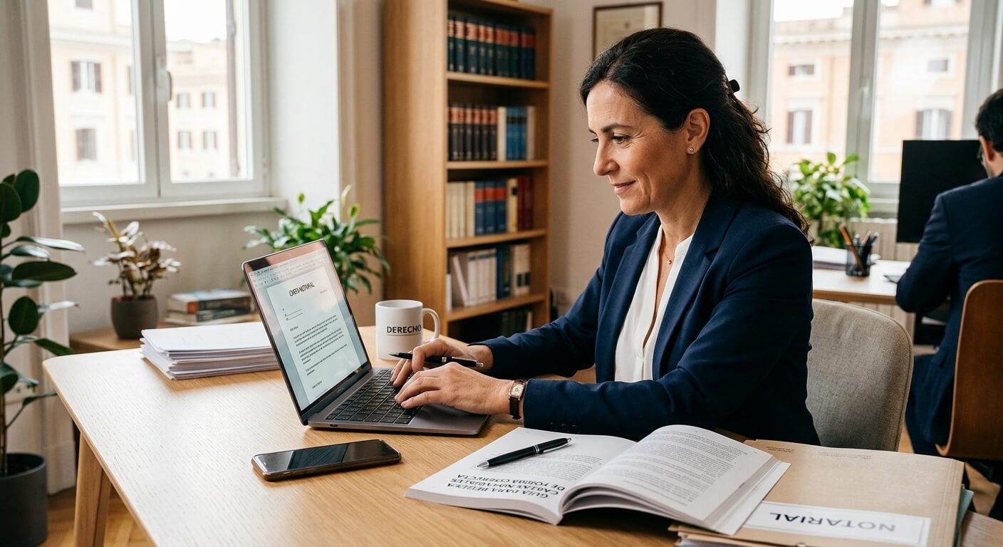 Abogado revisando borrador de carta notarial en escritorio legal con sello notarial visible