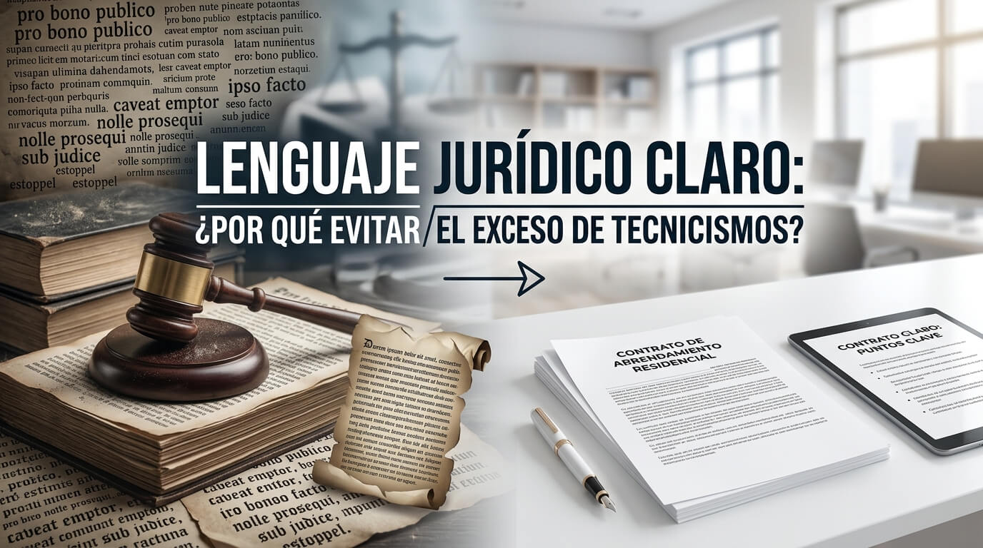 Libros de derecho modernos junto a laptop mostrando documentos en lenguaje claro sobre escritorio legal