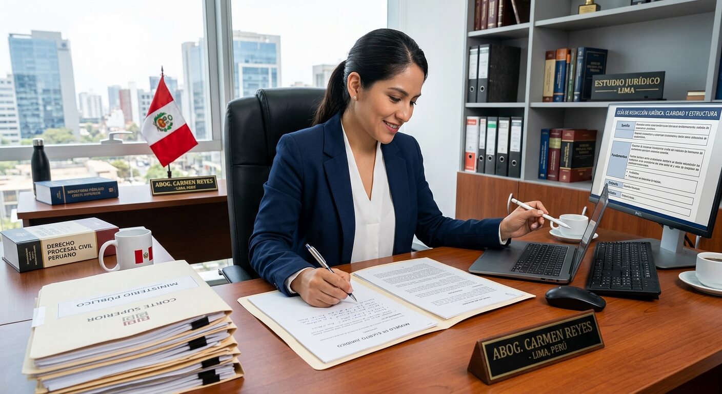 Escritorio legal peruano con códigos civiles y laptop mostrando modelos de escritos jurídicos