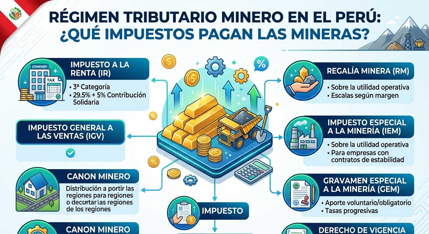 Contador revisando declaraciones tributarias mineras en oficina corporativa con calculadora y documentos fiscales