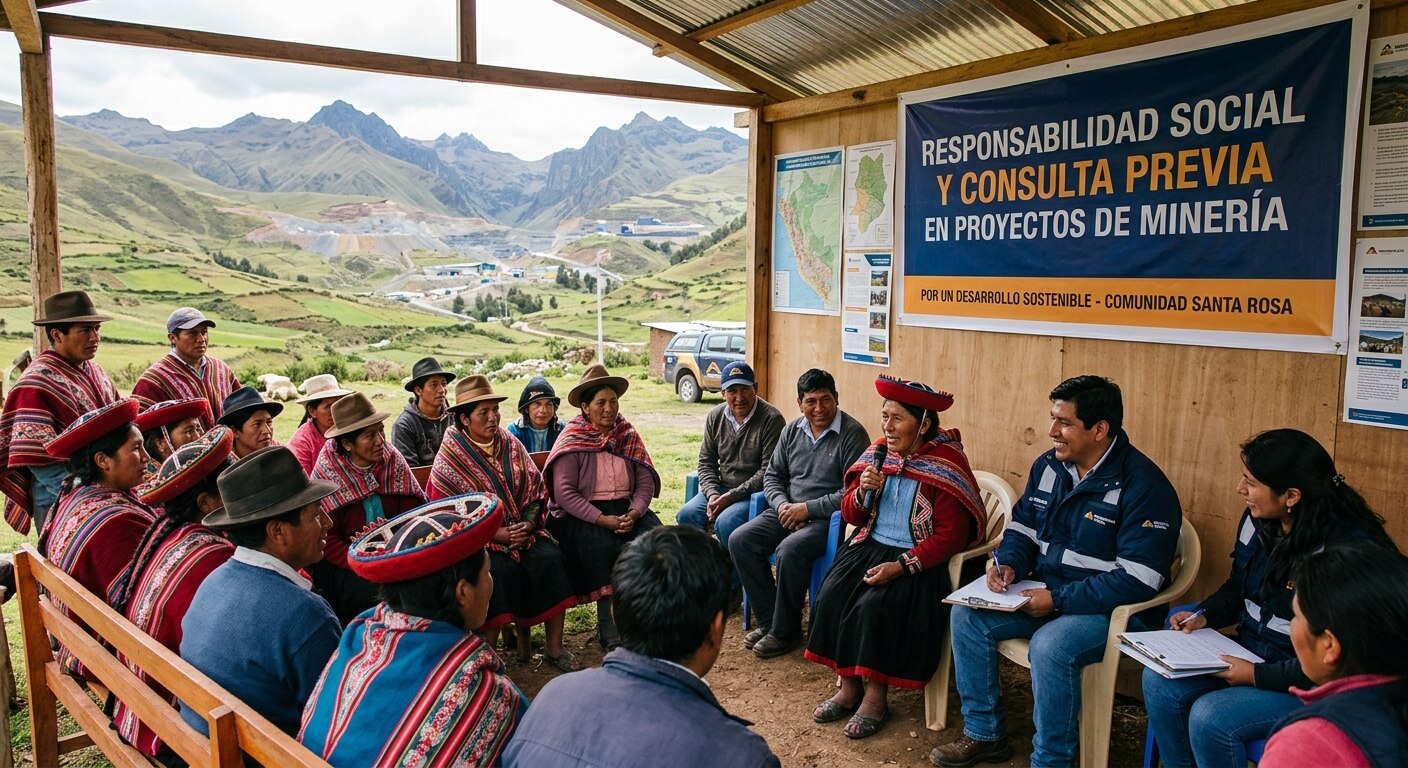 Reunión de diálogo entre representantes mineros y comunidad indígena en mesa de trabajo participativa