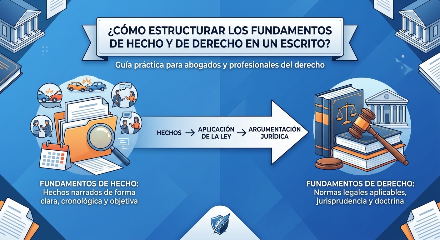 Escritorio legal organizado con códigos civiles y laptop mostrando estructura de fundamentos jurídicos