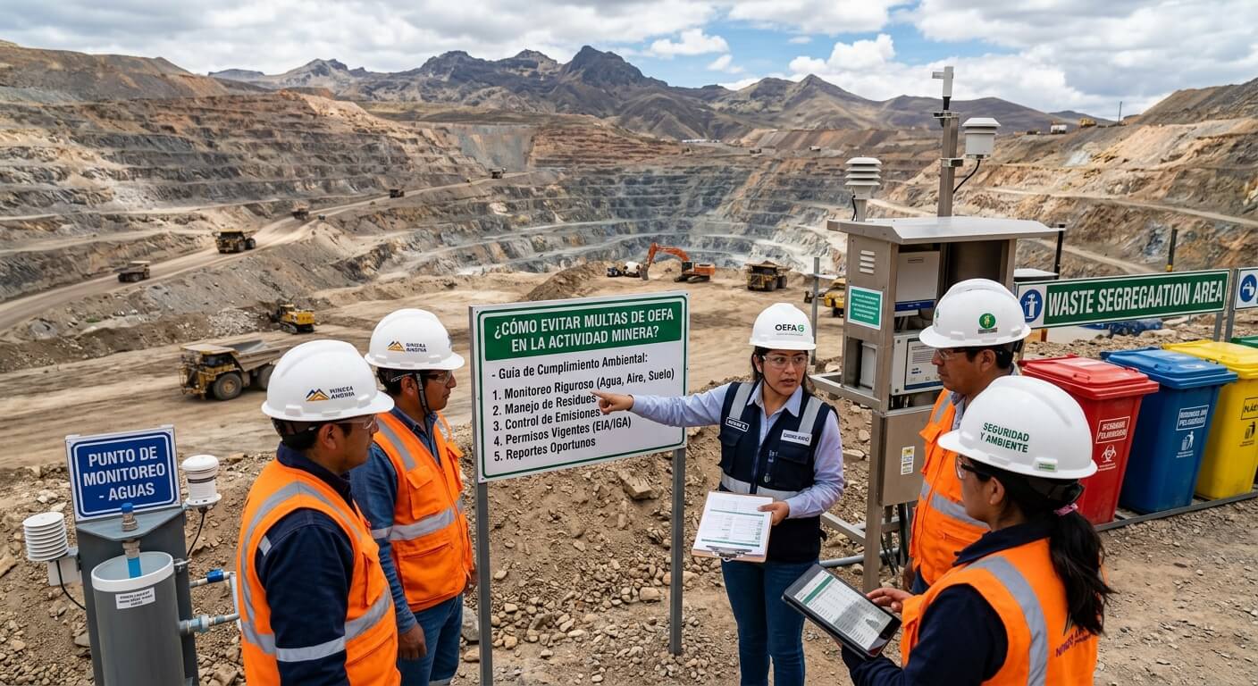 Inspector ambiental evaluando instalaciones mineras con tablet y equipos de medición en campo