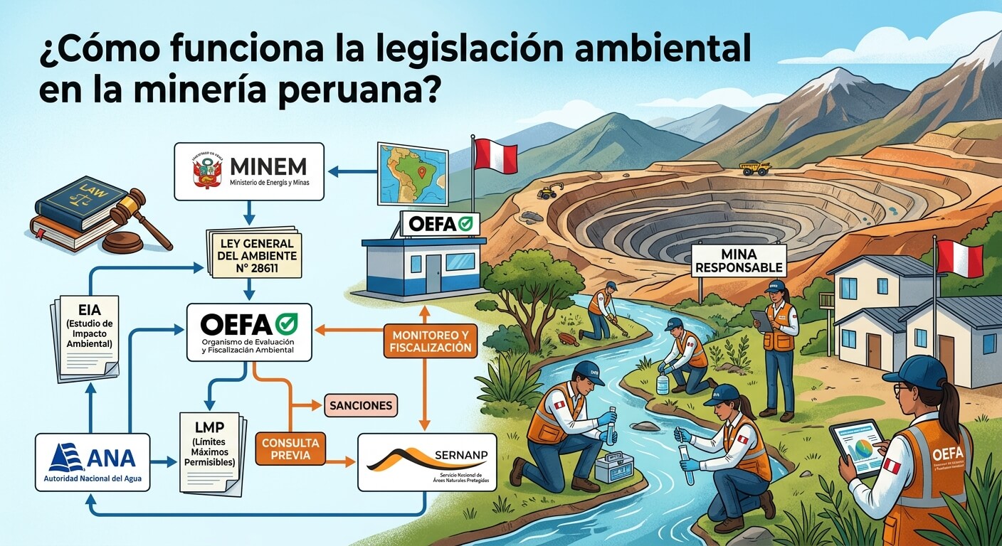 Ingeniero ambiental revisando equipos de monitoreo en zona de operación minera con vegetación nativa al fondo