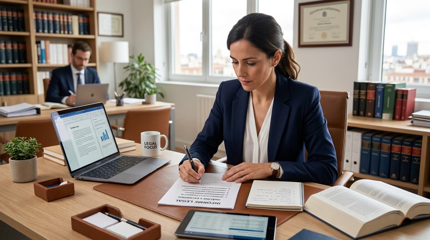 Profesional analizando informe legal en tablet durante reunión corporativa