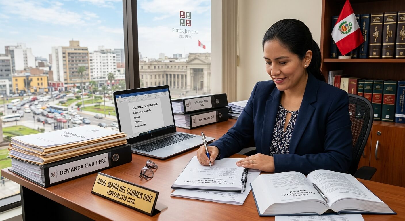 Abogado peruano redactando demanda civil en escritorio con códigos legales y laptop