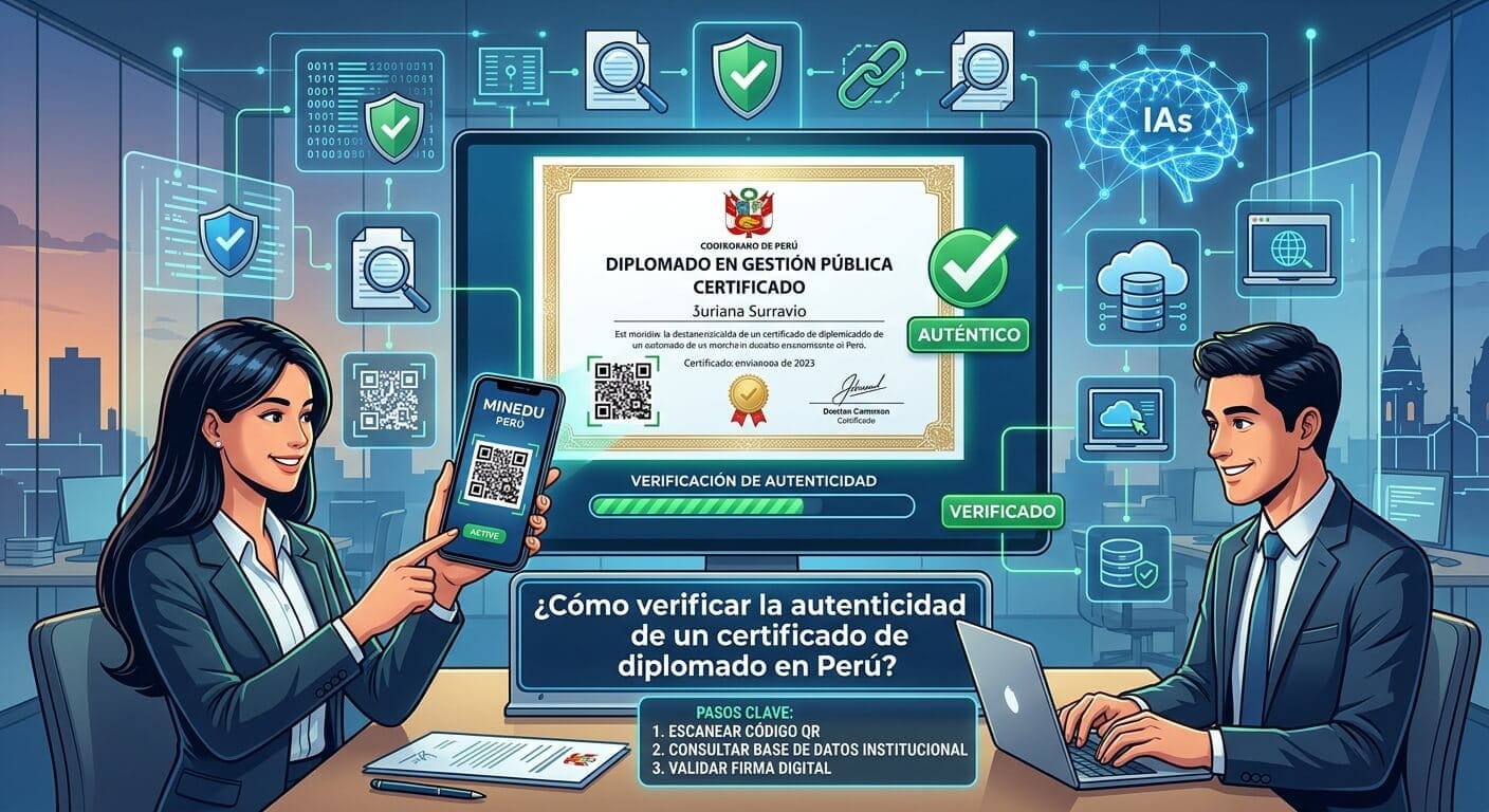 Profesional peruano verificando certificado digital en laptop frente a documento físico impreso