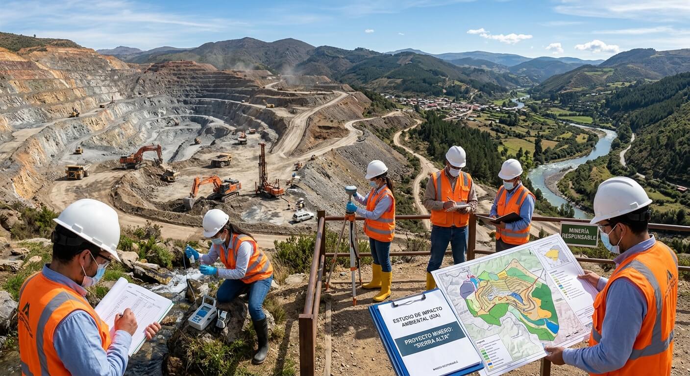 Ingeniero ambiental evaluando terreno minero con tablet y equipos de medición para estudio de impacto